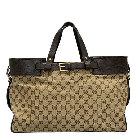 Auth GUCCI GG 106251 Beige Dark Brown Jacquard Leather Tote Bag - Picture 1 of 16